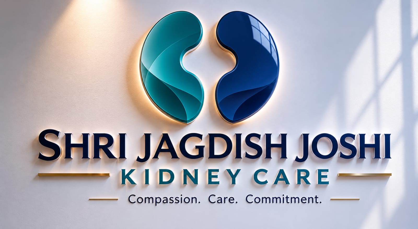 The clinic's wall sign: a teal and a navy kidney above the clinic name and the words Compassion. Care. Commitment.